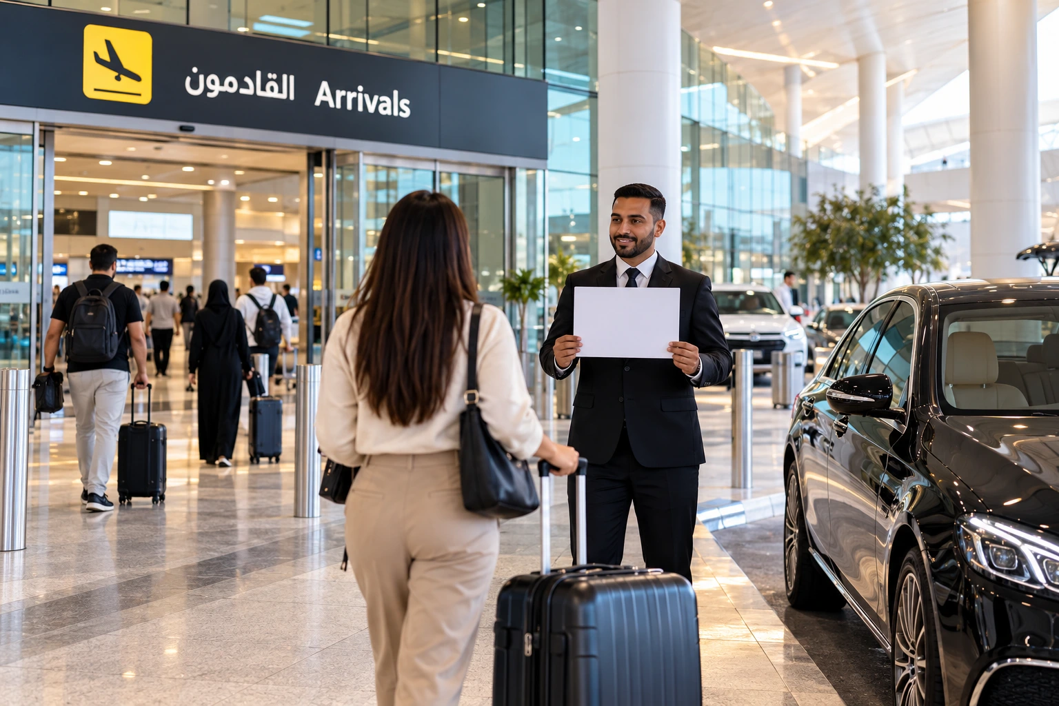 Abu Dhabi Airport arrivals pickup point with a private chauffeur and luxury car.